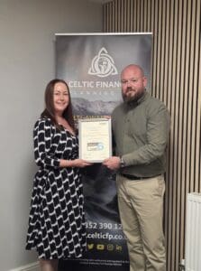 Celtic Financial Planning - Rhian Anstey presenting Rob from Celtic fp 2 insight6 CX Specialist, Rhian Anstey, presenting Robert Lewis, MD of Celtic Financial Planning with its insight6 CX Excellence Mark certificate