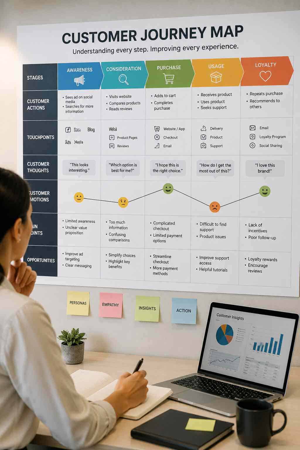 CX specialist at her desk reviewing the customer journey map board